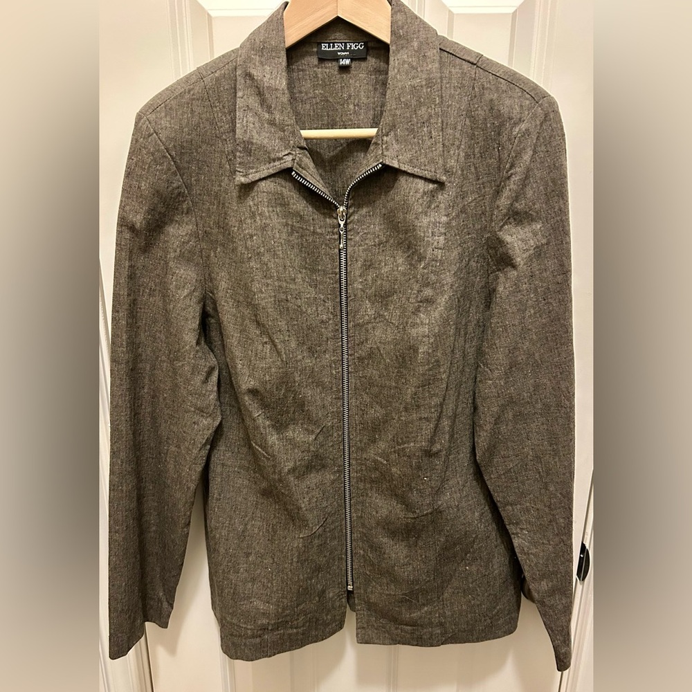 NWOT Ellen Figg Women Linen Blend Zip Up Jacket Top 14W Vintage Green Blazer